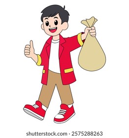 Cartoon Boy Throwing Trash Into Rubbish Bin