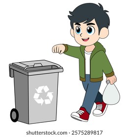 Cartoon Boy Throwqing Trash Into Rubbish Bin Vector Illustration