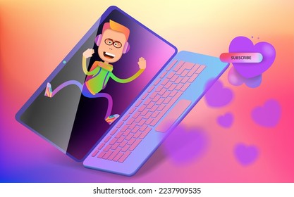 Cartoon boy tries to get out of the laptop screen. Vector banner