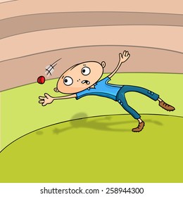 Cartoon of a boy trying to catch the ball on stadium background.