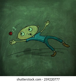 Cartoon of a boy trying to catch the ball on green chalkboard background for Cricket sports concept.