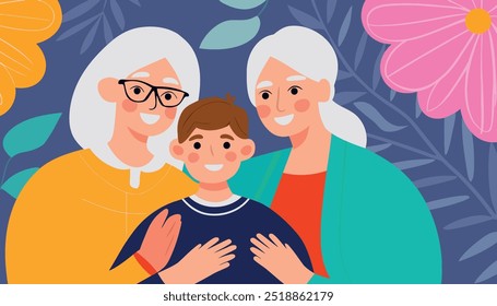 A cartoon of a boy and two older women hugging. Scene is warm and loving