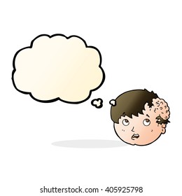 cartoon boy with ugly growth on head with thought bubble