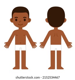 Niño de caricatura en ropa interior, frontal y posterior, plantilla de anatomía de parte del cuerpo. Ilustración vectorial aislada.