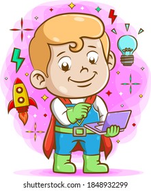 La caricatura del niño usando el disfraz del manto rojo y sosteniendo una laptop púrpura
