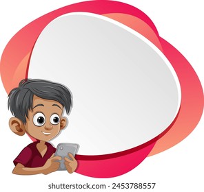 Caricatura de un niño usando un teléfono con una Grande burbuja