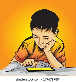 Cartoon boy using smartphones for playing games or texting. Children and smartphone addiction.