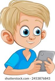 Cartoon of a boy using a tablet, smiling.