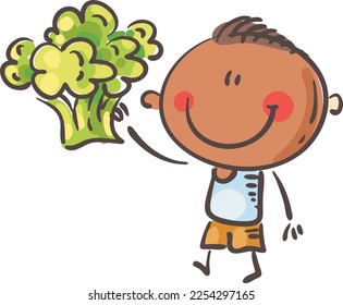 Cartoon boy and vegetable - broccoli. Healthy food and kid clipart. Isolated on white background. Vector illustration.