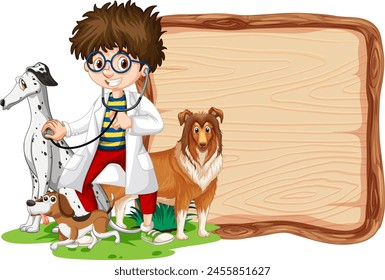 Cartoon boy vet with three dogs beside a sign.