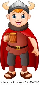 Cartoon boy in viking costume holding a beer mug