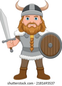 Cartoon boy in Viking costume holding sword