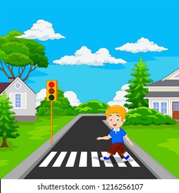 Cartoon boy walking across the crosswalk