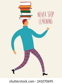 Cartoon boy walking with books on his head. Vector illustration about education