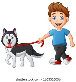 Cartoon boy walking with a dog. Vector illustration
