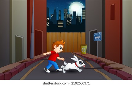 Cartoon A Boy Walking With His Dog At Night