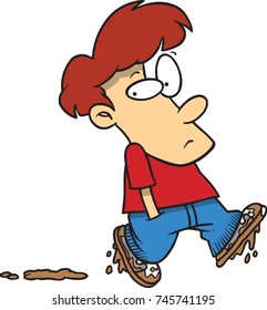 Cartoon Boy Walking With Muddy Shoes