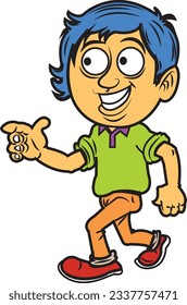 Cartoon boy walking and pointing. Vector clip art illustration with simple gradients. Some elements on separate layers. Both legs are fixed together and on the same layer.