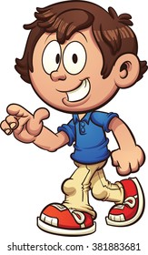 Cartoon boy walking and pointing. Vector clip art illustration with simple gradients. Some elements on separate layers. Both legs are fixed together and on the same layer. 