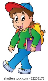 Cartoon Boy Walking To School - Vector Illustration.