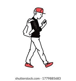 Niño caricaturista caminando mientras mira la pantalla del teléfono móvil - niño escolar con mochila desde el lateral pegado y adicto al smartphone. Ilustración vectorial aislada plana.