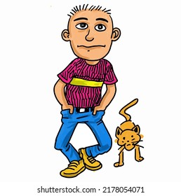 In a cartoon, the boy walks with a cat.