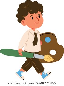 A cartoon boy walks holding a large paintbrush and palette in a playful style. The child wears a tie and sneakers, carrying art tools joyfully. Cartoon vector illustration.