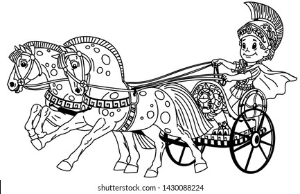 Cartoon Boy Warrior In A Roman Chariot Pulled By Two Horses. Black And White Outline Vector Illustration. Coloring Page For Little Kids