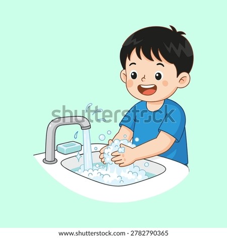 Cartoon boy washing hands with soap and water at a sink