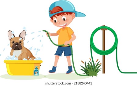 Cartoon boy washing her dog illustration