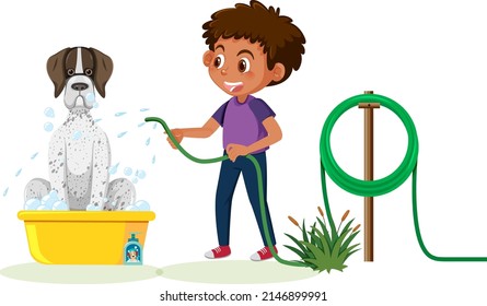 Cartoon Boy Washing Her Dog Illustration