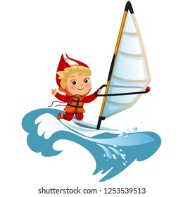 Cartoon boy waving hello and sailing in sea
