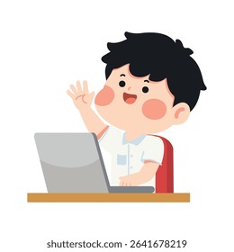 Cartoon Boy Waving at Laptop Computer Kid