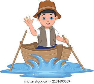 Cartoon Boy Waving On A Wooden Boat