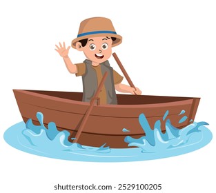 cartoon boy waving on a wooden boat, vector illustration.