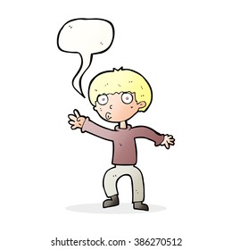 cartoon boy waving warning with speech bubble