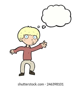 Cartoon-Junge-Warnung mit Denkblase