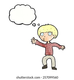 Cartoon-Junge-Warnung mit Denkblase