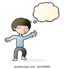 niño caricaturista agitando una advertencia con una burbuja de pensamientos
