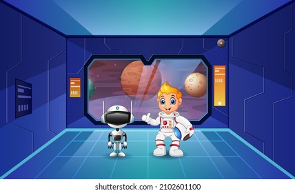 Cartoon boy wearing astronaut suit in spaceship