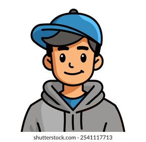 Niño de dibujos animados con un sombrero azul y una sudadera con capucha gris está sonriendo. Lleva una gorra azul y una camisa azul