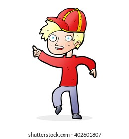 niño de caricatura con gorra apuntando