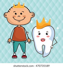 cartoon boy wearing colored clothes and a crownnext to a cartoon tooth over a blue background  vector illustration