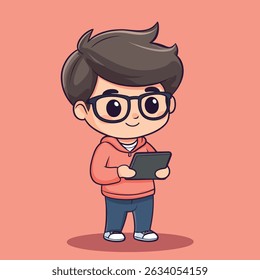 A cartoon boy, wearing glasses and a coral hoodie, holds a tablet. His expression is pleasant.