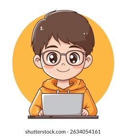 A cartoon boy, wearing glasses and an orange hoodie, sits before a laptop, smiling gently.