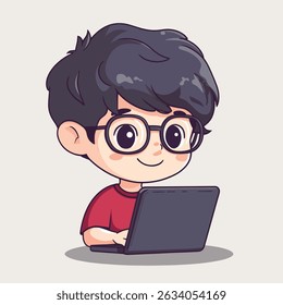 A cartoon boy, wearing glasses and a red shirt, smiles while using a laptop.