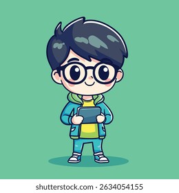 A cartoon boy, wearing glasses and a teal jacket, holds a tablet. His expression is happy and his style is cute.