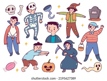 Cartoon Boy Wearing Halloween Costume Doodle Clip Art Vector Illustration