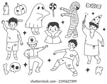 Cartoon Boy Wearing Halloween Costume Doodle Clip Art Vector Illustration