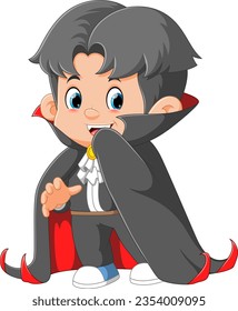 Cartoon boy wearing in Halloween Dracula costume of illustration